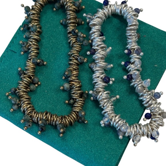 Universal Thread Beaded Stretch Rings 2 Bracelets Silver Blue Brass Green - Picture 1 of 5